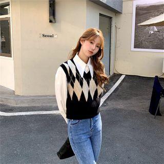 Argyle Print Knit Sweater Vest Black - One Size