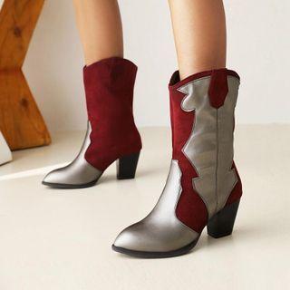 Pointed Applique Block Heel Short Boots