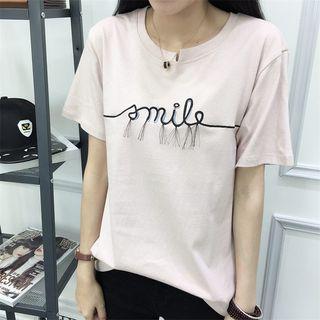 Tasseled Letter Embroidered Short Sleeve T-shirt