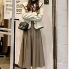 Wide-collar Button Jacket / Pleated Midi A-line Skirt