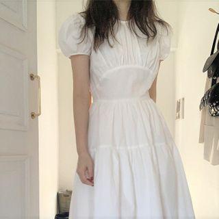 Short-sleeve Tie-back Midi A-line Dress White - One Size