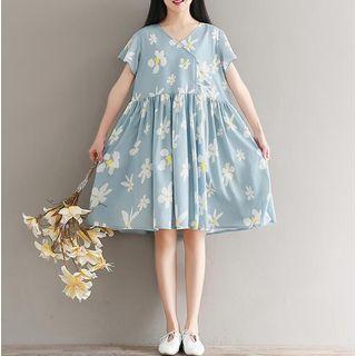 V-neck Short Sleeve Wrap-front Floral Midi Dress