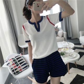 Contrast Trim Split Neck Short Sleeve Knit Top