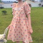 Puff-sleeve Square-neck Ruffle Trim Mini A-line Dress