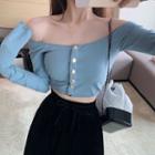 Long-sleeve Off-shoulder Button T-shirt / Wide-leg Velvet Pants