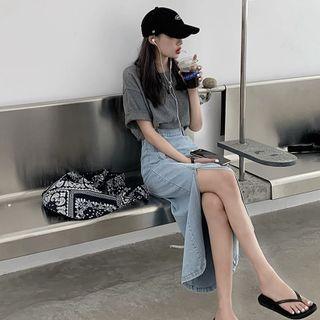 Set: Short-sleeve Plain T-shirt + Side-slit Denim Midi Pencil Skirt