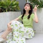 Short Sleeve Plain Tee / Avocado Print Midi Skirt