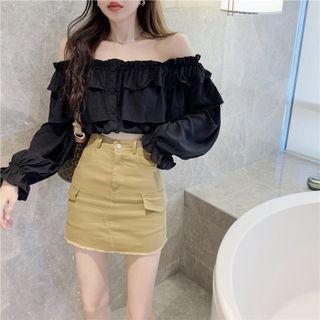 Long-sleeve Off-shoulder Frilled Top