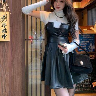 Faux Leather Mini A-line Tube Dress / Short-sleeve Turtleneck Knit Top / Arm Sleeves / Set