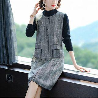 Mock-turtleneck Chevron Panel Midi Knit Dress