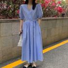 Puff-sleeve V-neck Check Midi A-line Dress Blue - One Size
