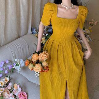 Puff-sleeve Square-neck Plain Silt-front Dress