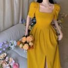 Puff-sleeve Square-neck Plain Silt-front Dress