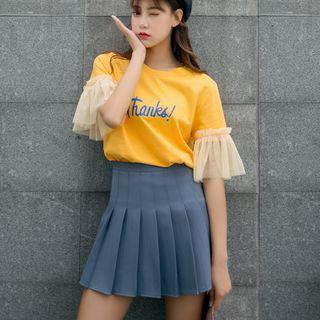 Elbow-sleeve Lettering T-shirt / Mini A-line Pleated Skirt / Set