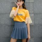 Elbow-sleeve Lettering T-shirt / Mini A-line Pleated Skirt / Set