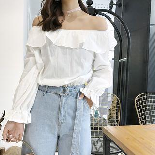 Plain Off-shoulder Ruffle Bell-sleeve Blouse