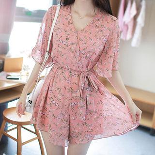 Bell-sleeve Flared Floral Chiffon Playsuit