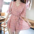 Bell-sleeve Flared Floral Chiffon Playsuit