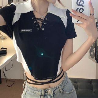 Short-sleeve Two-tone Lace-up Crop Top