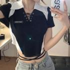 Short-sleeve Two-tone Lace-up Crop Top