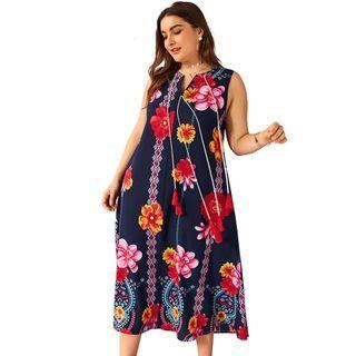 Plus Size Flower Print Sleeveless Midi Shift Dress