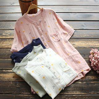 Short-sleeve Linen Placket Top