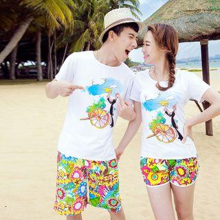 Couple Matching Set: Print T-shirt + Floral Shorts