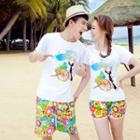 Couple Matching Set: Print T-shirt + Floral Shorts