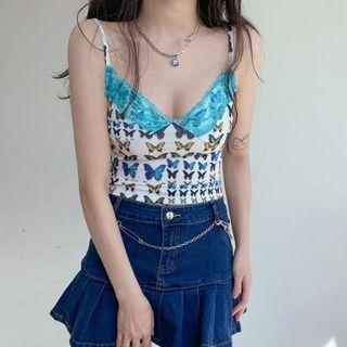 Lace Trim Butterfly Print Cropped Camisole Top