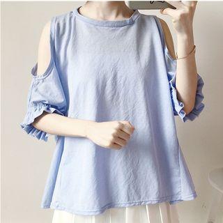 Cutout-shoulder Elbow-sleeve T-shirt / Pleated Mini Skirt