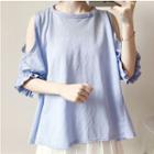 Cutout-shoulder Elbow-sleeve T-shirt / Pleated Mini Skirt