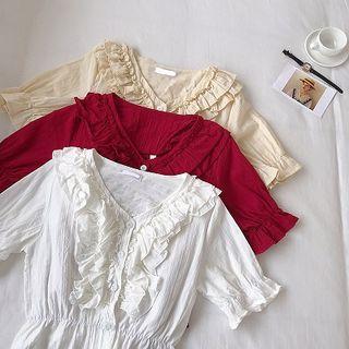 Ruffle Trim Short-sleeve Linen Top