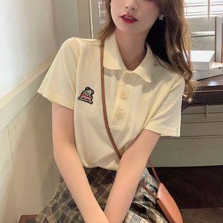 Short-sleeve Collar Bear Embroiderd T-shirt