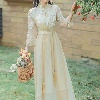 Long-sleeve Embroidered Maxi A-line Qipao Dress