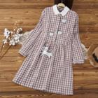 Long-sleeve Cat Print Gingham A-line Dress Gingham - Purple & White - One Size