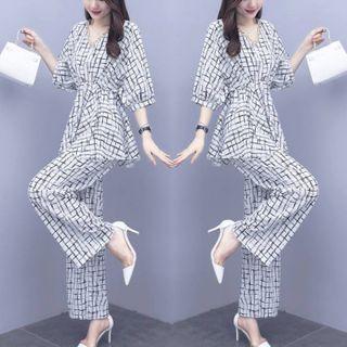 Set: Elbow-sleeve Pattern Blouse + Wide-leg Pants