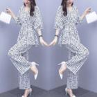 Set: Elbow-sleeve Pattern Blouse + Wide-leg Pants