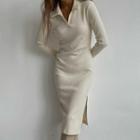 Long Sleeve Collar V-neck Ribbed-knit Slit Long Dress