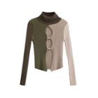 Mock-neck Cutout Ribbed Knit Top Green & Beige - One Size