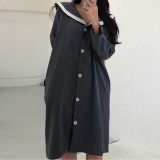 Sailor Collar Long-sleeve Buttoned Shift Dress Gray - One Size
