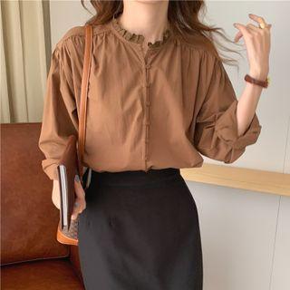 Stand Collar Frill Trim Plain Blouse