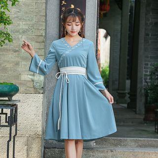 Tie-waist Embroidery A-line Dress