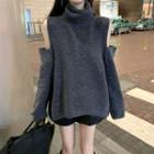 Turtleneck Cutaway-shoulder Knit Top Gray - One Size