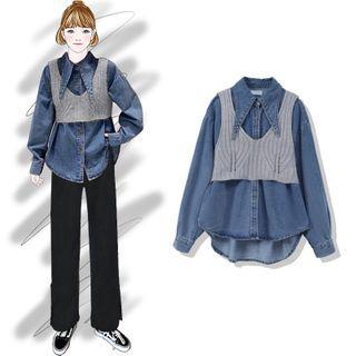 Denim Shirt / Crop Knit Tank Top