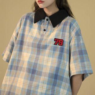 Contrast Collar Plaid Polo Shirt
