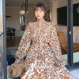 Turtleneck Puff-sleeve Floral Dress
