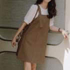 Set: Puff-sleeve Top + Mini A-line Overall Dress