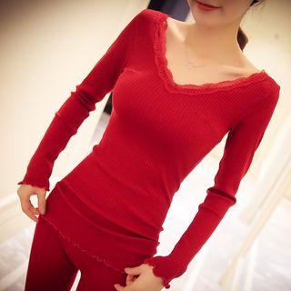 Lace Trim V-neck Long-sleeve Top