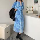 Balloon-sleeve Tie-dyed Midi A-line Dress Blue - One Size