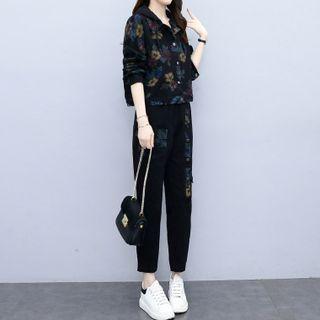 Set: Print Hooded Denim Jacket + Straight Leg Pants